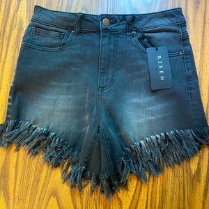 Risen High Rise Distressed Black Acid Wash Jean Shorts